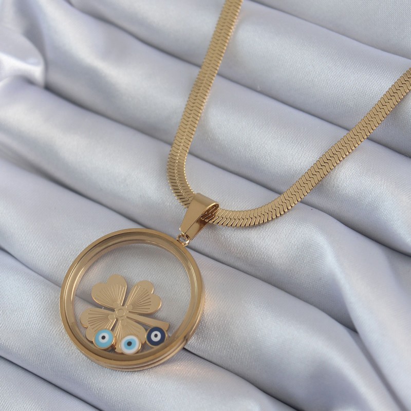 316L Çelik Gold Renk İtalyan Zincir Açılabilir Fanus Yonca Figür Model Kadın Kolye