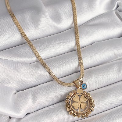 316L Çelik Gold Renk İtalyan Zincir Dorika Yonca Model Nazar Boncuk Detay Kadın Kolye