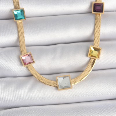 316L Çelik Gold Renk İtalyan Zincir Model Kare Renkli Zirkon Taşlı Kadın Kolye