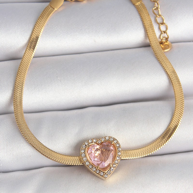 316L Çelik Gold Renk İtalyan Zincir Pembe Zirkon Taşlı Kalp Model Kadın Bileklik