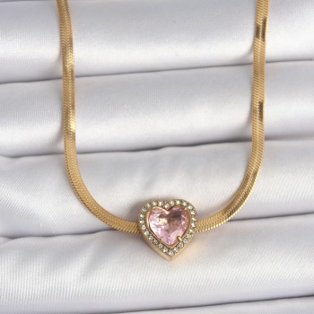 316L Çelik Gold Renk İtalyan Zincir Pembe Zirkon Taşlı Kalp Model Kadın Kolye