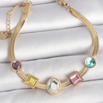 316L Çelik Gold Renk İtalyan Zincir Renkli Zirkon Taşlı Kadın Bileklik