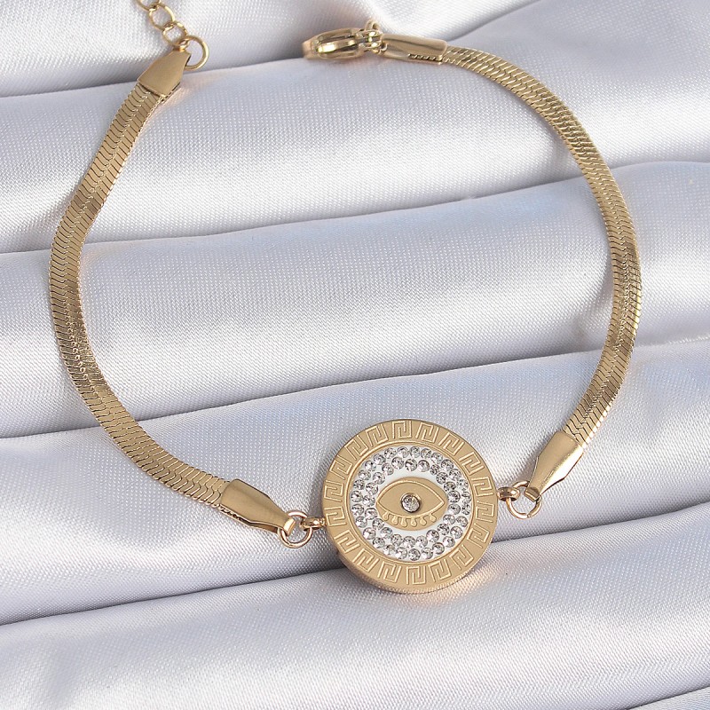 316L Çelik Gold Renk İtalyan Zincir Zirkon Taşlı Göz İşlemeli Madalyon Model Kadın Bileklik