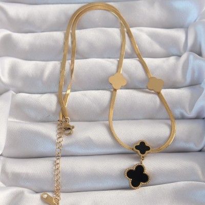 316L Çelik Gold Renk İtalyan Zincirli Mineli Yonca Kolye