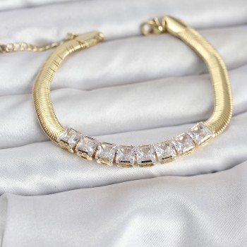 316L Çelik Gold Renk Kare Zirkon Taşlı Yılan Zincirli Kadın Bileklik