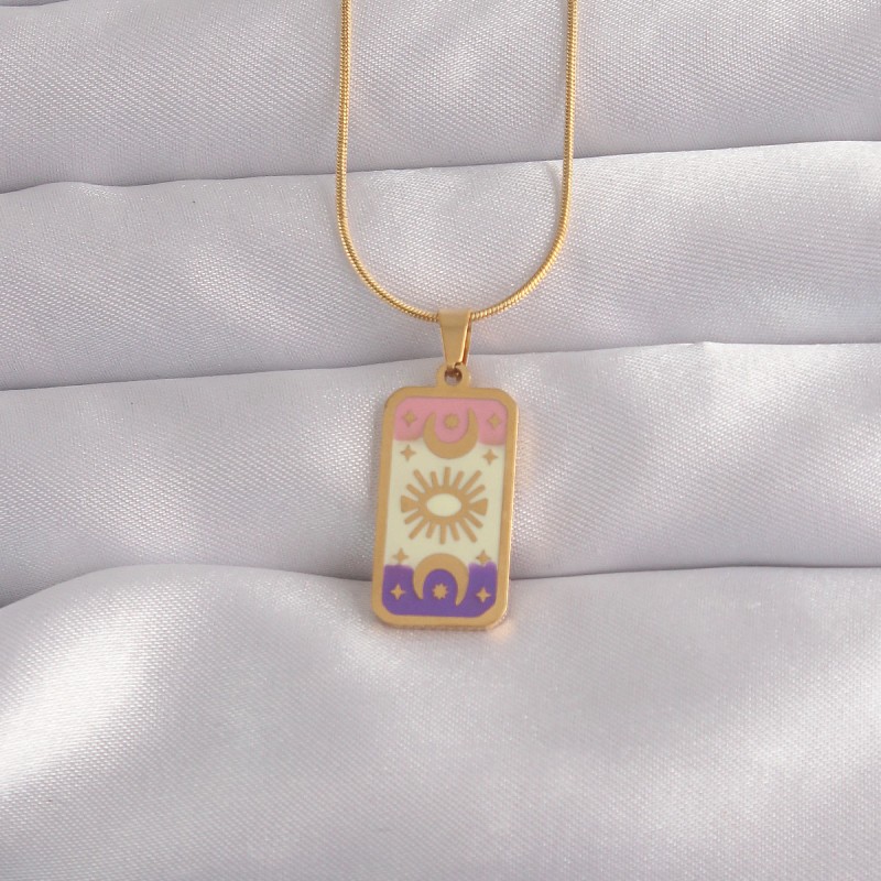 316L Çelik Gold Renk Karışık Mineli Ay Figür Tarot Kolye