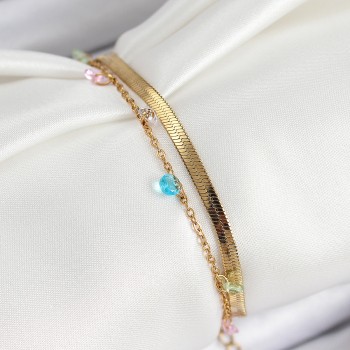 316L Çelik Gold Renk Karışık Renkli Kristal Taşlı 2'li Kadın Bileklik