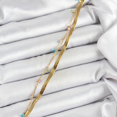 316L Çelik Gold Renk Karışık Renkli Kristal Taşlı 2'li Kadın Bileklik