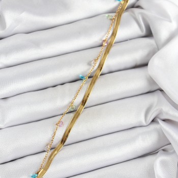 316L Çelik Gold Renk Karışık Renkli Kristal Taşlı 2'li Kadın Bileklik