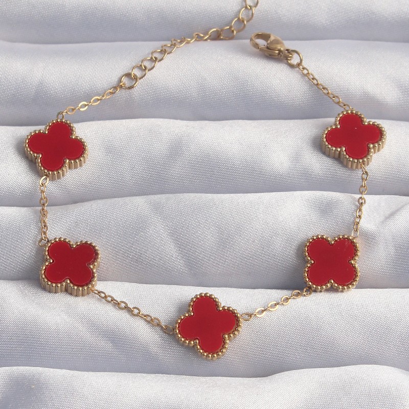 316L Çelik Gold Renk Kırmızı Mineli Yonca Bileklik