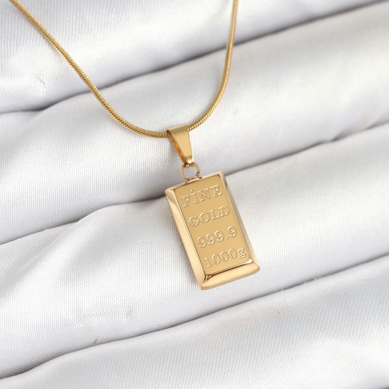 316L Çelik Gold Renk Külçe Altın Model Kolye