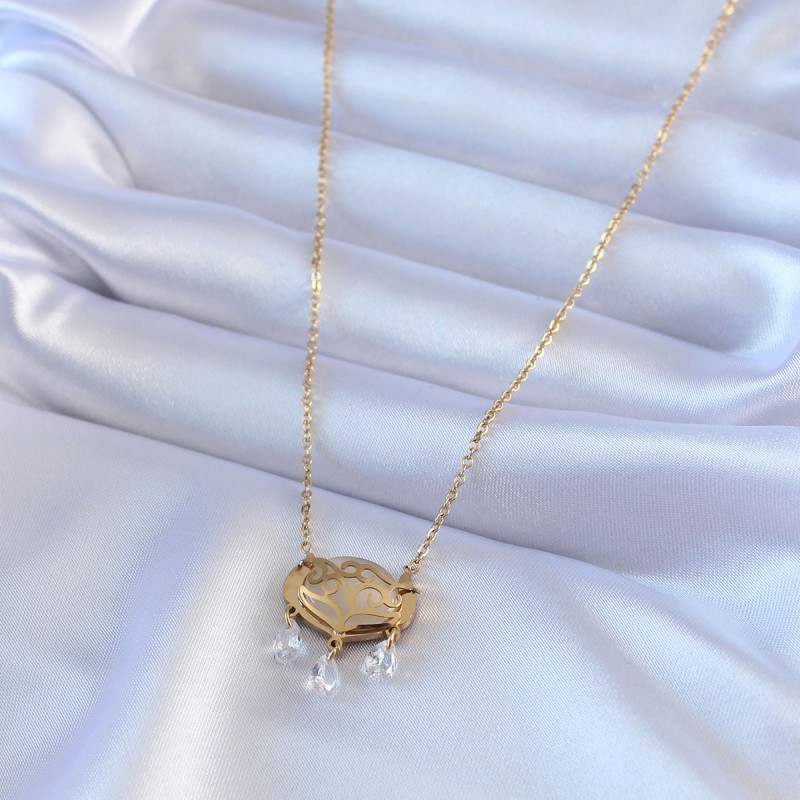 316L Çelik Gold Renk Lotus Model Zirkon Taşlı Kadın Kolye