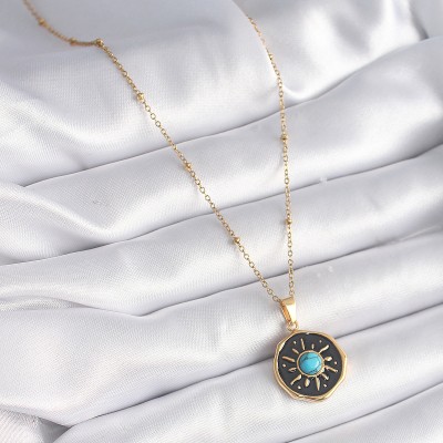 316L Çelik Gold Renk Mavi Boncuk Güneş İşleme Madalyon Model Kadın Kolye