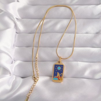 316L Çelik Gold Renk Mavi Mineli Kız Figür Tarot Kolye