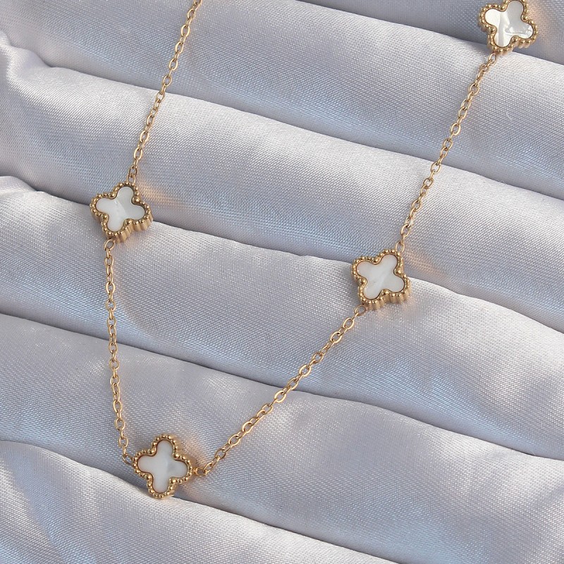 316L Çelik Gold Renk Minimal Beyaz Sedefli Yonca Kolye