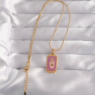 316L Çelik Gold Renk Mor Mineli El Figür Tarot Kolye