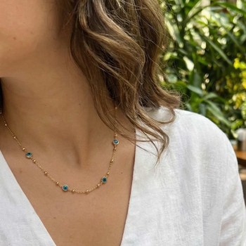 316L Çelik Gold Renk Nazarlı ve Topçuklu Model Kadın Kolye