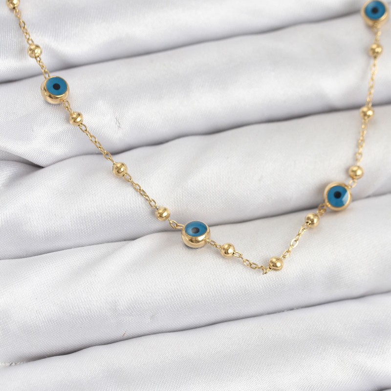 316L Çelik Gold Renk Nazarlı ve Topçuklu Model Kadın Kolye