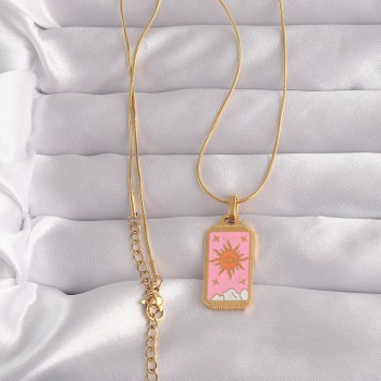 316L Çelik Gold Renk Pembe Mineli Güneş Model Tarot Kolye