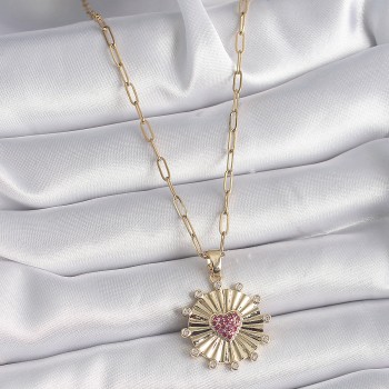 316L Çelik Gold Renk Pembe Zirkon Taşlı Kalp İşleme Madalyon Model Kadın Kolye