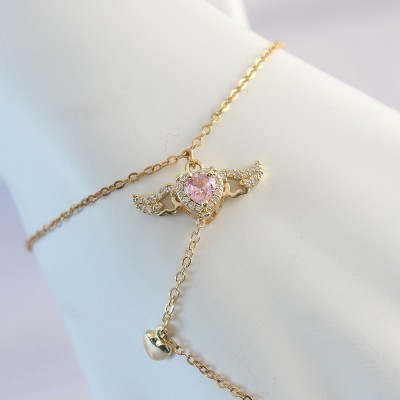 316L Çelik Gold Renk Pembe Zirkon Taşlı Kanatlı Kalp Model Şahmeran