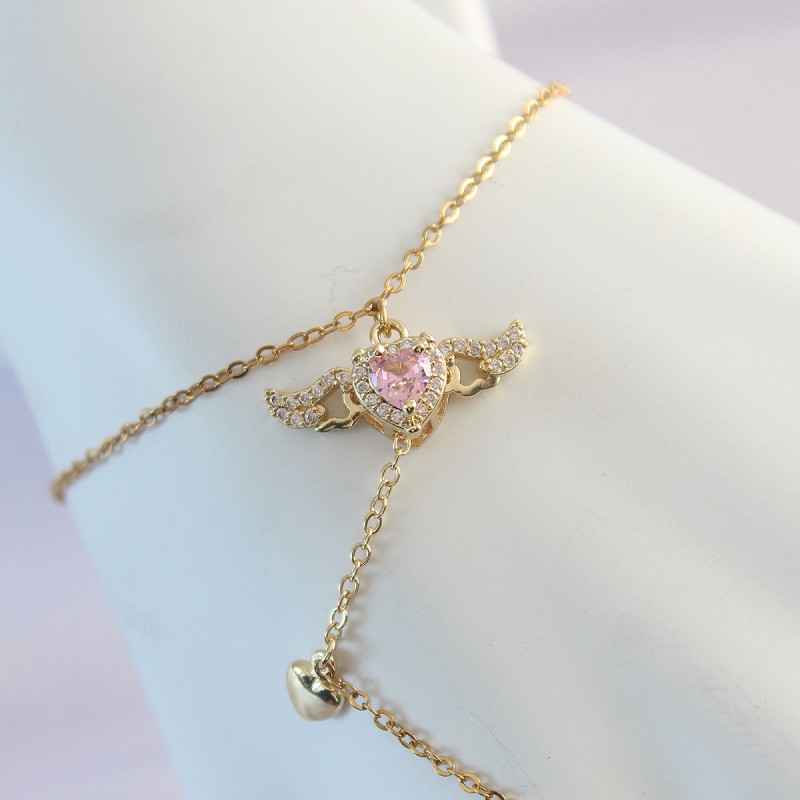 316L Çelik Gold Renk Pembe Zirkon Taşlı Kanatlı Kalp Model Şahmeran