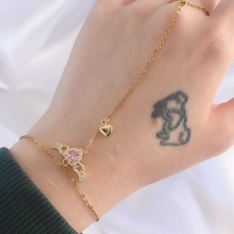 316L Çelik Gold Renk Pembe Zirkon Taşlı Kanatlı Kalp Model Şahmeran
