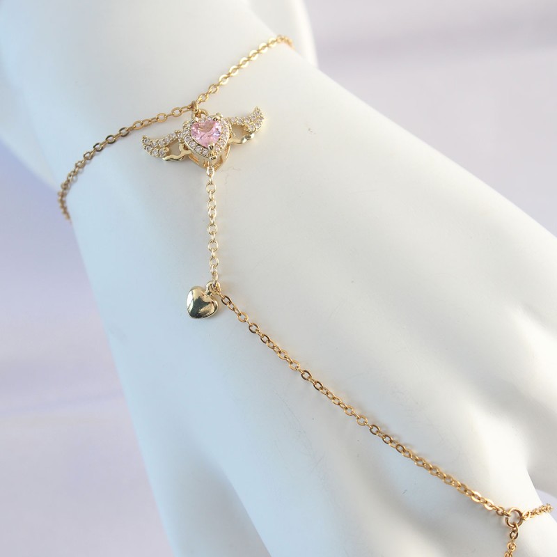 316L Çelik Gold Renk Pembe Zirkon Taşlı Kanatlı Kalp Model Şahmeran