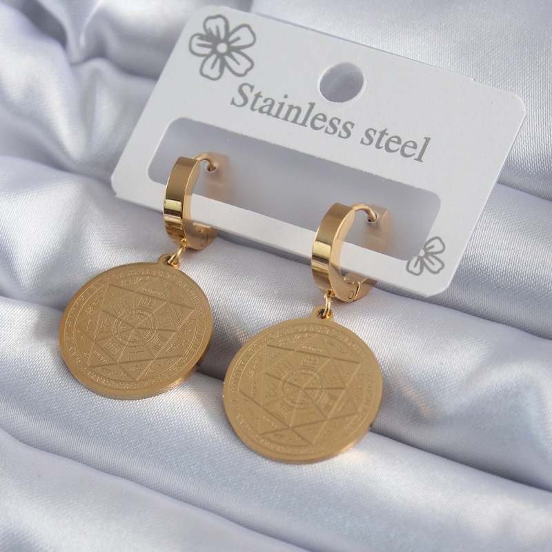 316L Çelik Gold Renk Pentagram İşleme Model Kadın Küpe