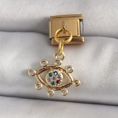 316L Çelik Gold Renk Sallantı Zirkon Taşlı Göz Model Nomination Charm