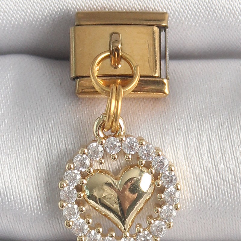 316L Çelik Gold Renk Sallantı Zirkon Taşlı Kalp Model Nomination Charm