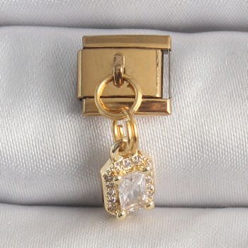316L Çelik Gold Renk Sallantı Zirkon Taşlı Kare Model Nomination Charm