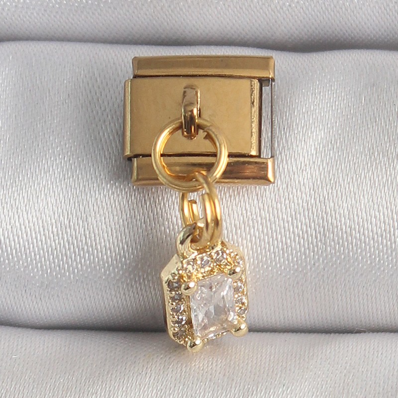 316L Çelik Gold Renk Sallantı Zirkon Taşlı Kare Model Nomination Charm