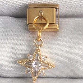 316L Çelik Gold Renk Sallantı Zirkon Taşlı Kutup Yıldız Model Nomination Charm