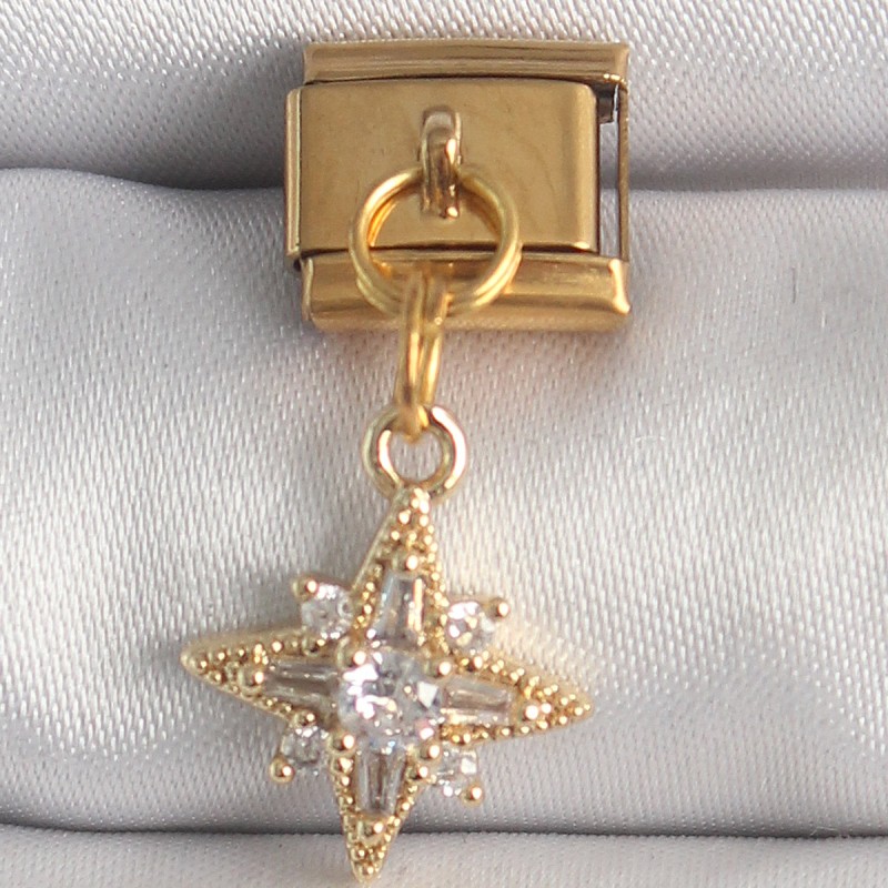 316L Çelik Gold Renk Sallantı Zirkon Taşlı Kutup Yıldız Model Nomination Charm