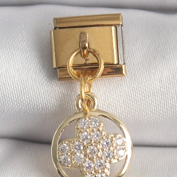 316L Çelik Gold Renk Sallantı Zirkon Taşlı Yonca Model Nomination Charm