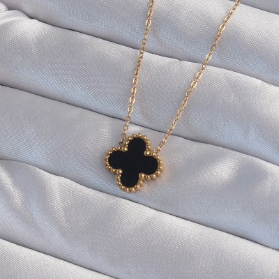 316L Çelik Gold Renk Siyah Mineli Yonca Kolye