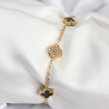 316L Çelik Gold Renk Siyah ve Zirkon Taşlı Baby Boy Yonca Kadın Bileklik