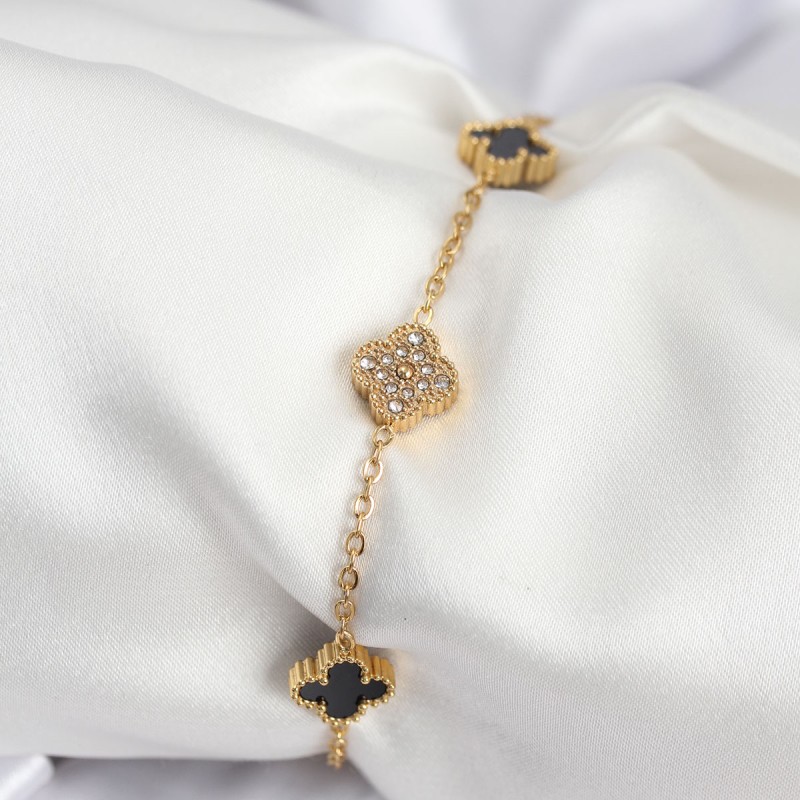 316L Çelik Gold Renk Siyah ve Zirkon Taşlı Baby Boy Yonca Kadın Bileklik