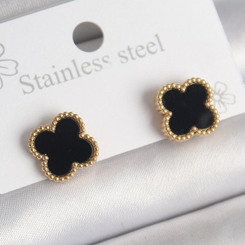 316L Çelik Gold Renk Siyah Yonca Model Kadın Küpe