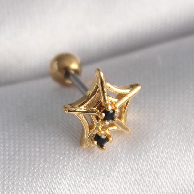 316L Çelik Gold Renk Siyah Zirkon Taş Detay Örümcek Ağ Model Tragus Piercing