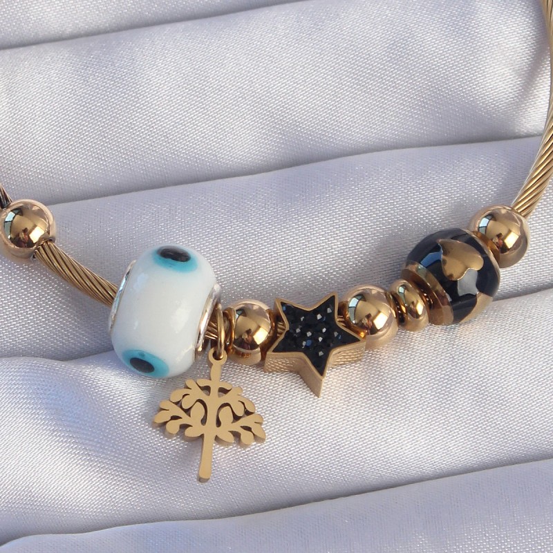 316L Çelik Gold Renk Siyah Zirkon Taşlı Yıldız Tasarımlı Ağaç Detay Nazarlı Charm Bileklik