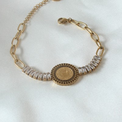 316L Çelik Gold Renk Tam Altın Modelli Zirkon Taşlı Kadın Bileklik