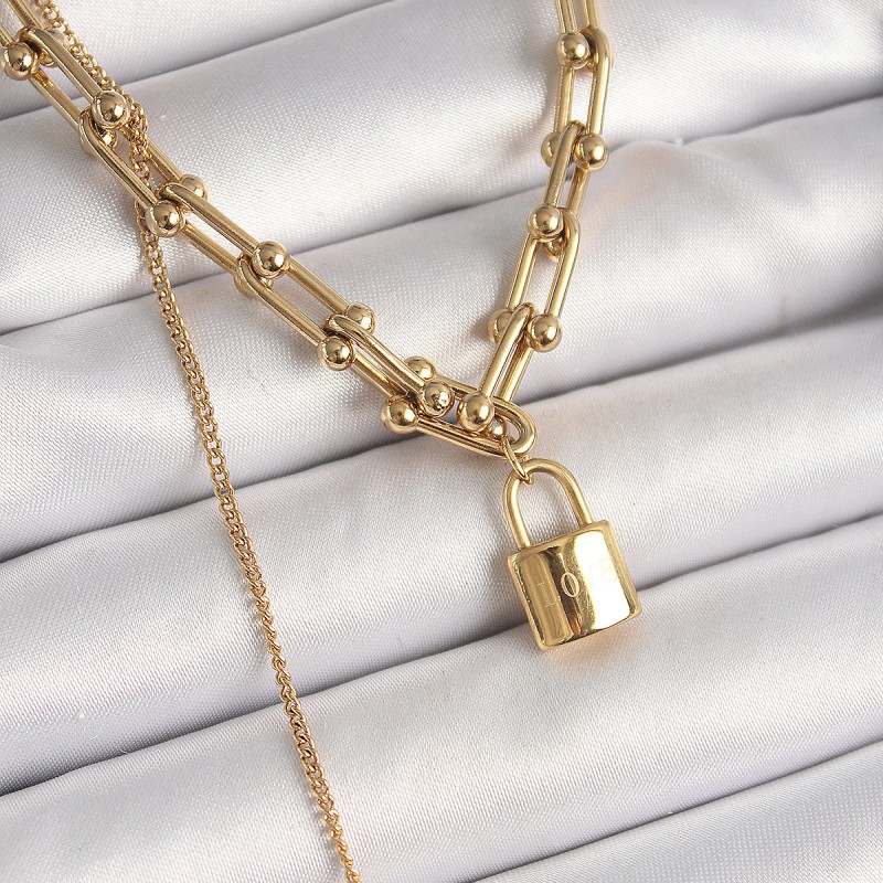316L Çelik Gold Renk Tifany Zincir Model Kilit Figür Sallantı İnci Detay Kadın Kolye