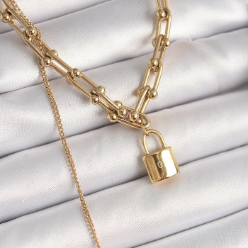 316L Çelik Gold Renk Tiffany Zincir Model Kilit Figür Sallantı İnci Detay Kadın Kolye