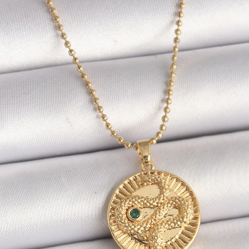 316L Çelik Gold Renk Topçuk Zincir Yılan İşlemeli Zirkon Taş Detaylı Madalyon Model Kadın Kolye