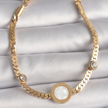 316L Çelik Gold Renk Yassı Zincir Model Zirkon Taş Detaylı Beyaz Mineli Madalyon Kadın Bileklik