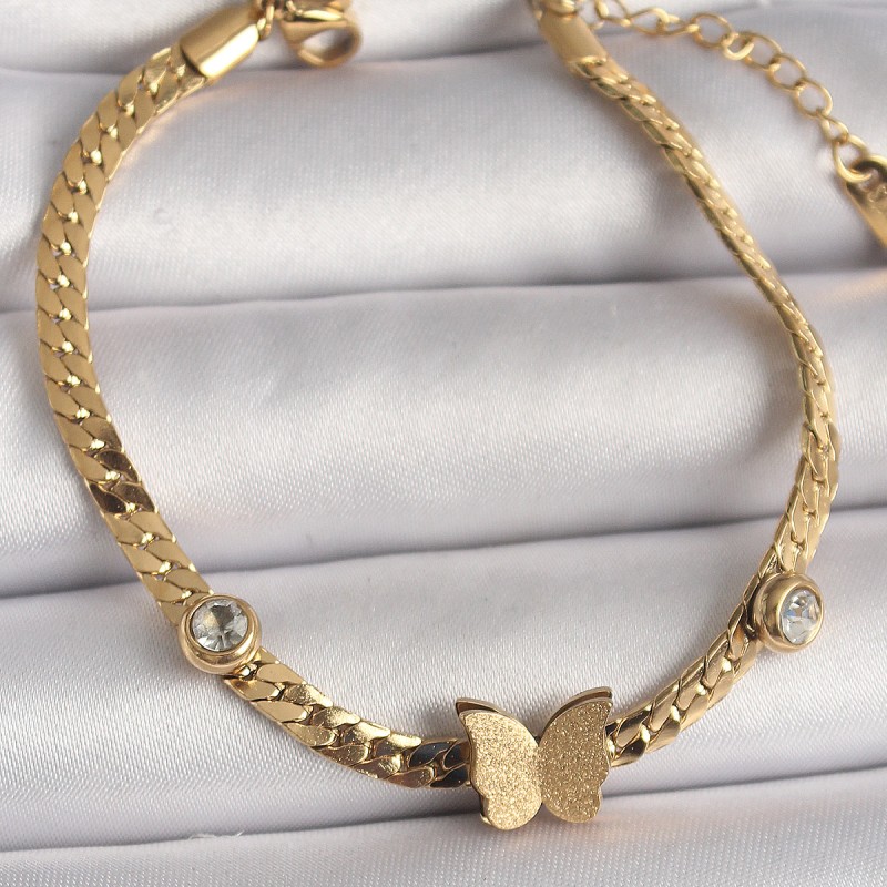 316L Çelik Gold Renk Yassı Zincir Zirkon Taşlı Simli Kelebek Figür Kadın Bileklik