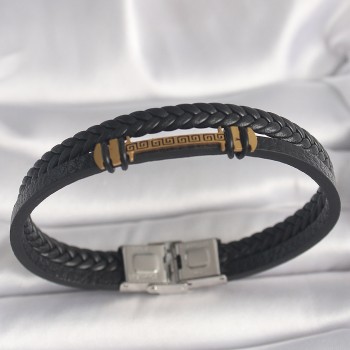 316L Çelik Gold Renk ZikZak İşlemeli Aksesuarlı Çift Sıra Burgu Desenli Deri Kordon Erkek Bileklik