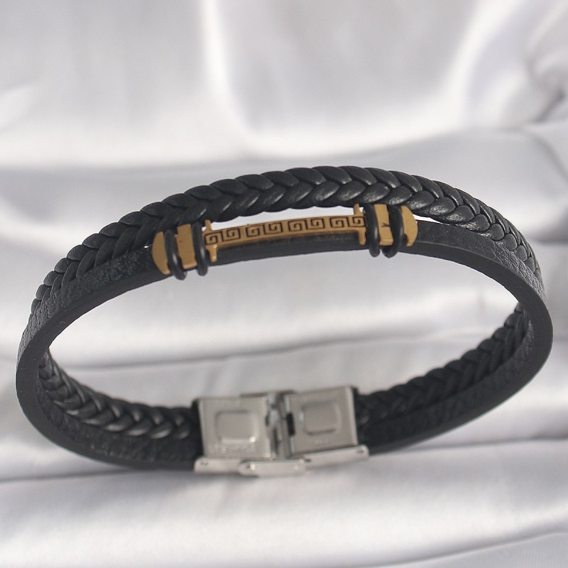 316L Çelik Gold Renk ZikZak İşlemeli Aksesuarlı Çift Sıra Burgu Desenli Deri Kordon Erkek Bileklik